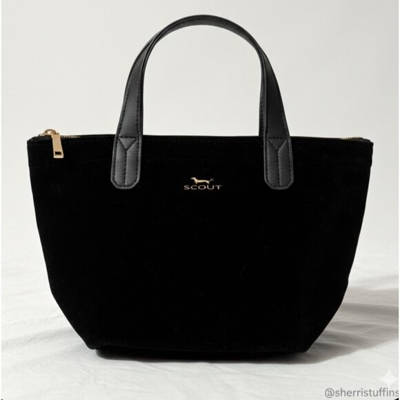 Scout Handbags - Scout Velvet Black Mini Tote With Dual Handles & Gold Quilted Interior Zip Close